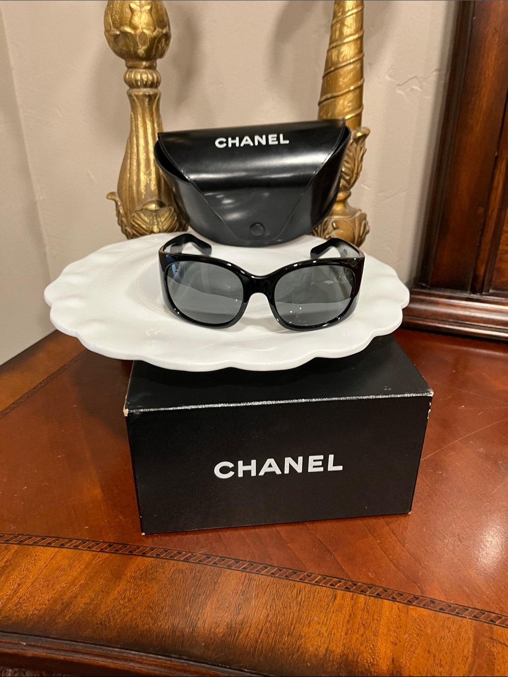 CHANEL Black Frame Sunglasses with Gray Lenses and Case